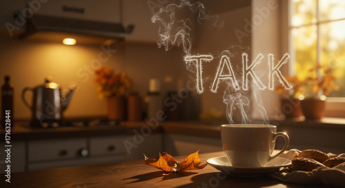 Steaming cup of coffee on wooden kitchen table with steam forming “Takk” next to dried maple leaf