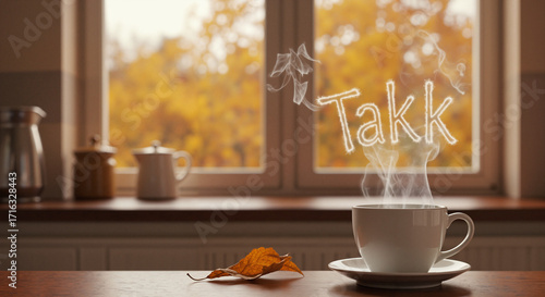 Cup on wooden table with steam forming “Takk” next to dried fall leaf against autumn window view