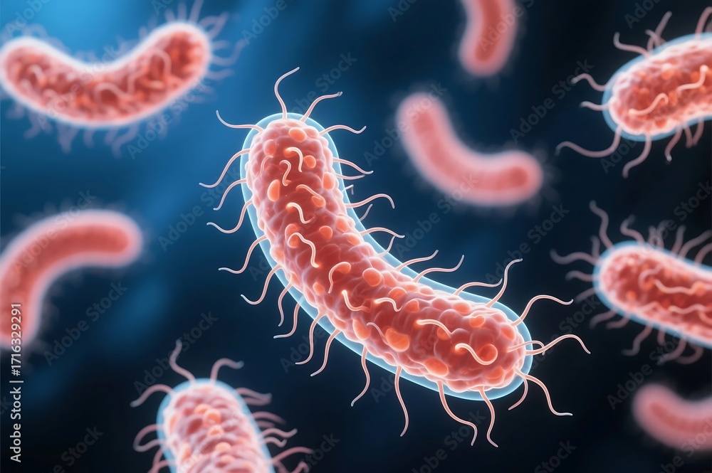 Obraz premium Glowing helicobacter pylori bacteria cells on dark blue background. Gastritis disease. 3d-rendering