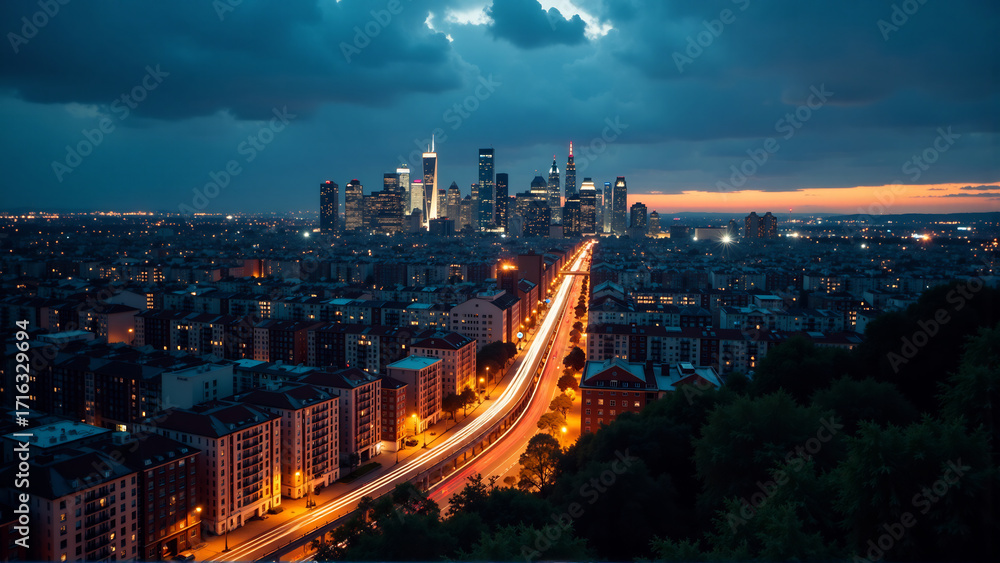Fototapeta premium Urban Serenity: Blue Hour Skyline with Dynamic Light Trails