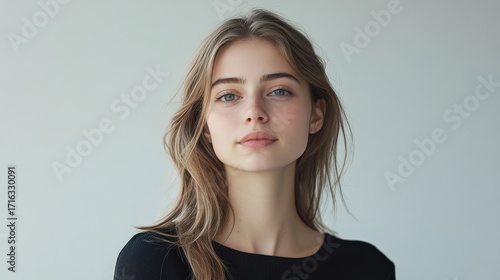 Natural Portrait of a Young Woman with Long Hair Against a Minimalist Background
