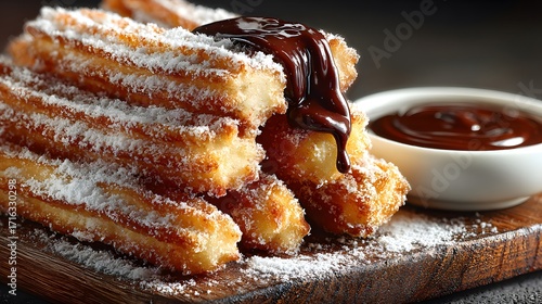 Delicious, close-up shot of golden-brown churros dusted with powdered sugar on a wooden board, next to a bowl of rich dark chocolate dipping sauce.
