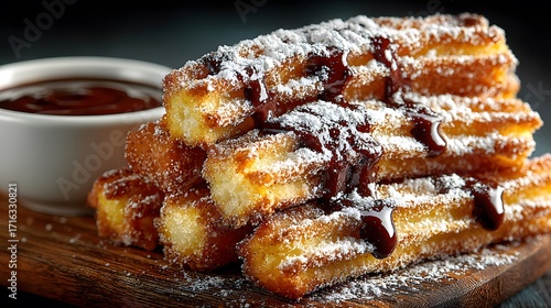 Delicious, close-up shot of golden-brown churros dusted with powdered sugar on a wooden board, next to a bowl of rich dark chocolate dipping sauce.