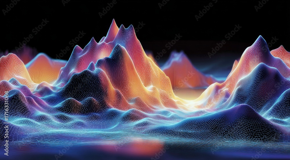 Obraz premium Abstract digital landscape with glowing, colorful mountain peaks and flowing terrain