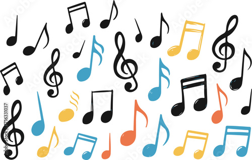 A vibrant collection of hand drawn musical notes and symbols scattered across a white background