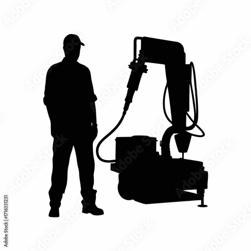 Silhouette of worker operating injection molding machine with molten plastic isolated on white background