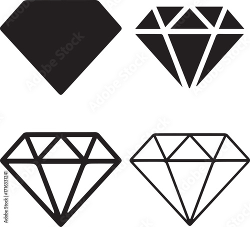 Four Diamond Icons: Solid, Faceted, Outline, and Detailed Outline