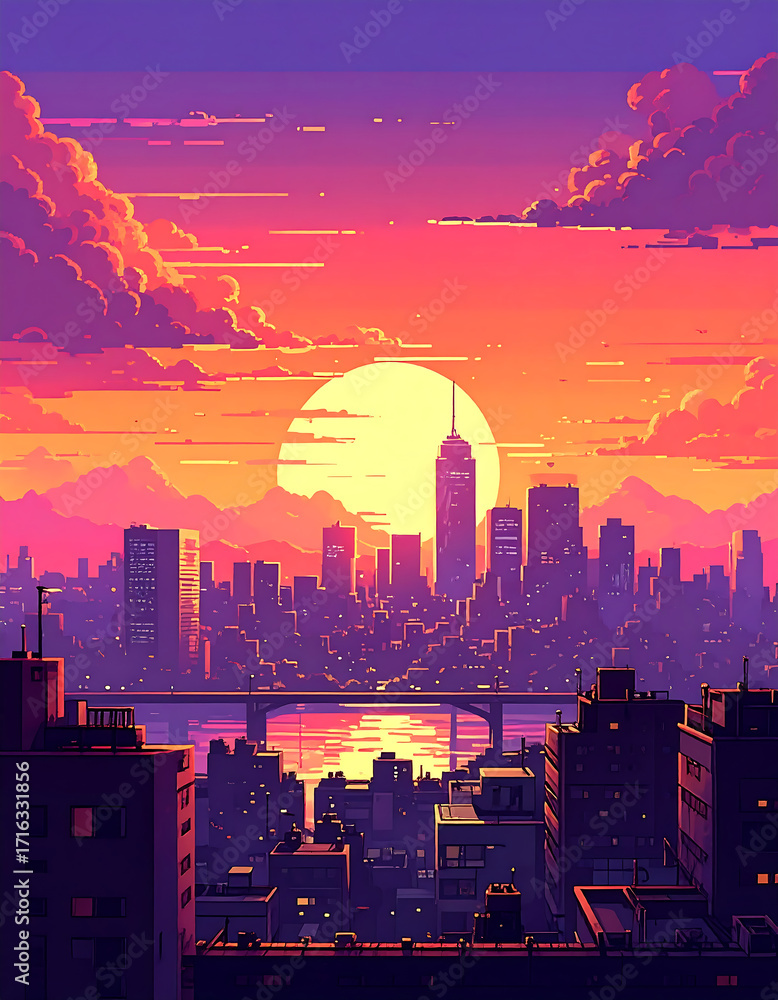 Fototapeta premium Pixel art cityscape with sunset background