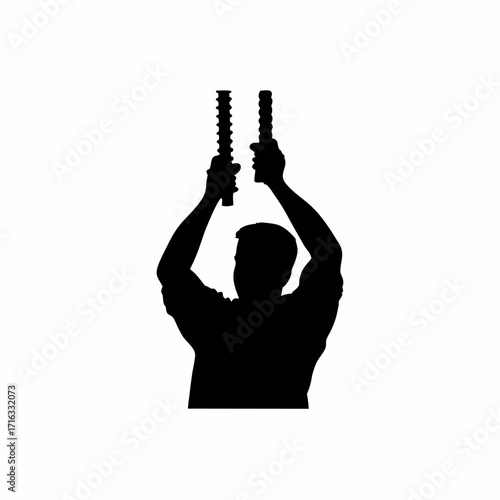 Silhouette of worker tightening bolts on mold inside injection molding machine isolated on white background