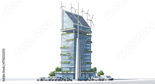 Eco-friendly skyscraper with green spaces and renewable energy sources like wind turbines and solar panels, representing sustainable urban development