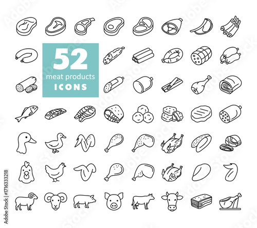 Meat Products Vector Outline Icon Set