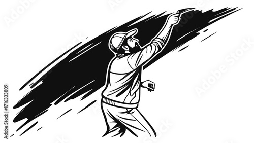 Man in cap painting a broad black stroke with a brush against a white background in monochrome style vreated with genrated ai