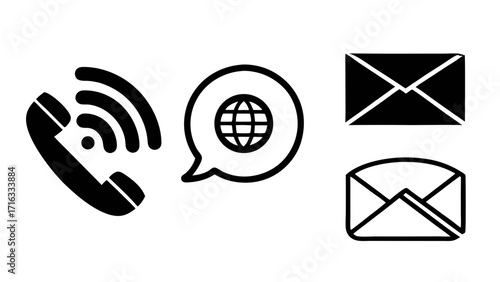 Black communication icons displaying a phone, speech bubble with globe, and two email envelopes vreated with genrated ai
