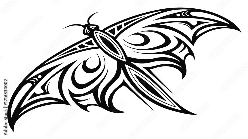Naklejka premium Stylized butterfly with tribal design elements in black and white illustration style art work vreated with genrated ai