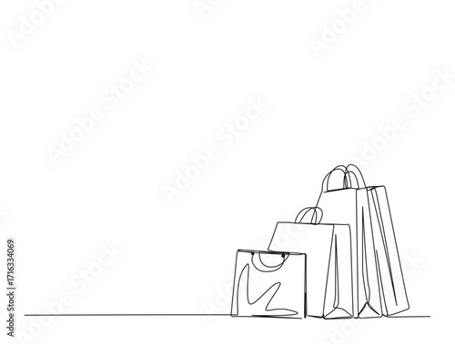 Shopping bags in single line draw illustration. Continuous one line drawing of Shopping paper bags. Editable stroke.