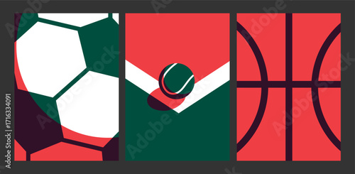 vibrant sports collage featuring soccer, tennis, and basketball minimalistic modern art cards poster set 
