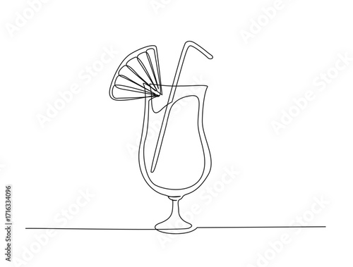 Juice with garnish in single line draw illustration. Continuous one line drawing of fresh juice with garnish.Editable stroke.