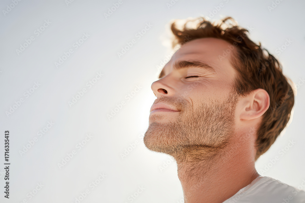 Fototapeta premium man meditates with closed eyes focusing on his breath before workout