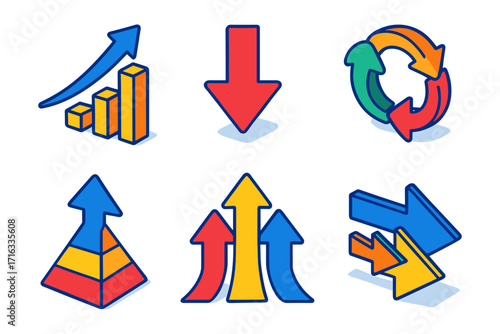 trend & growth arrows isometric icons , rise bar, red down, cycle loop, pyramid, arrows