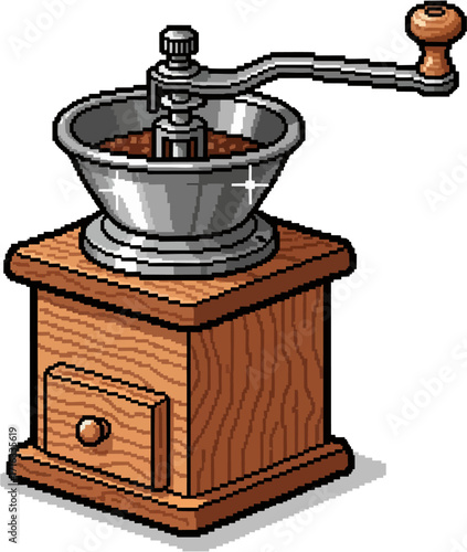 Pixelated illustration of a vintage coffee grinder, ready to grind beans.