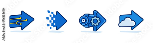 isometric digital transformation arrows ,circuit arrow, pixel dissolve arrow, gear process arrow, cloud arrow