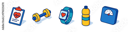 isometric fitness tracker icons , health clipboard, dumbbell, smart watch, water bottle, body scale, stopwatch