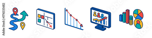 isometric project planning mini icons , roadmap, kanban board, declining trend chart, team analytics screen, pie charts