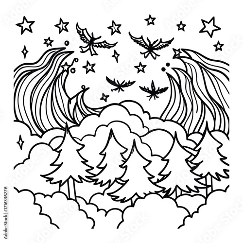 Aurora, kids line art doodle pattern design t shirt silhouette and vector, intricate line art design, relaxing printable, high-quality illustration for stress relief, art therapy activity.
