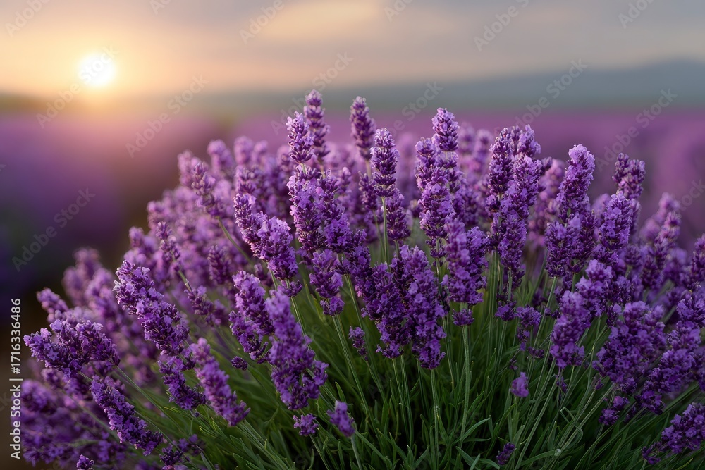 Obraz premium Lavender field at sunset purple blooms fill foreground against blurred landscape sun