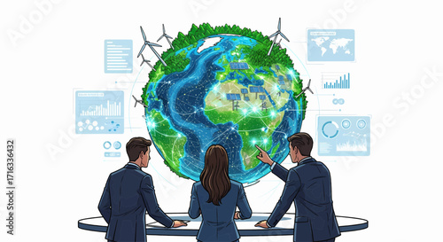 Innovative business professionals strategize for a sustainable planet, utilizing cutting-edge holographic technology to integrate green energy solutions worldwide