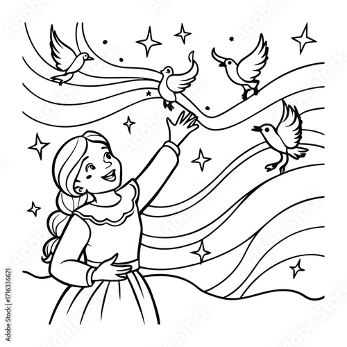 Aurora, kids line art doodle pattern design t shirt silhouette and vector, intricate line art design, relaxing printable, high-quality illustration for stress relief, art therapy activity.