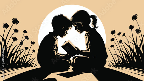 Two children sharing a book in nature, fostering imagination and learning together
