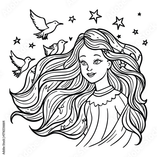 Aurora, kids line art doodle pattern design t shirt silhouette and vector, intricate line art design, relaxing printable, high-quality illustration for stress relief, art therapy activity.