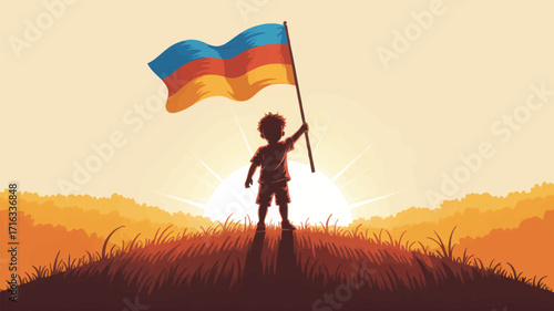 Young child triumphantly raises colorful flag on grassy hill at sunrise, symbolizing hope and future