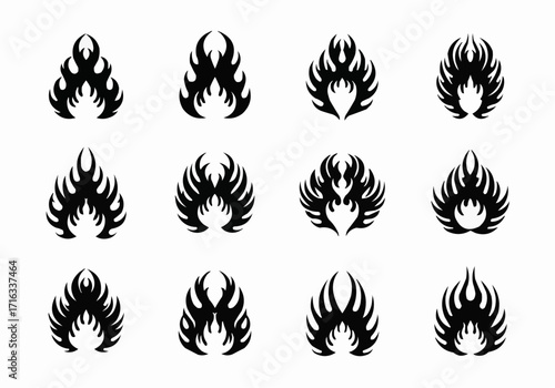 Set of black fire flame icons showing various heat and energy shapes for graphic design and web interface use.