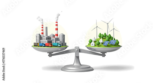 Concept of environmental balance, comparing a polluting factory city with a green landscape featuring wind turbines and solar panels