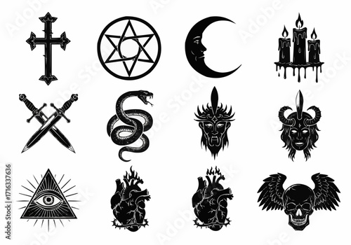 Set of black vector religious and occult symbols featuring cross, pentagram, crescent moon, snake, goat head, and spiritual iconography.