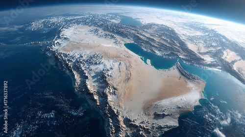 Stunning satellite view of Arabian Peninsula mountains deserts and coastline showing snow capped peaks and turquoise waters