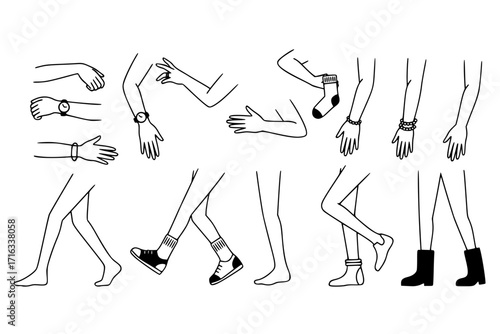 Isolated Legs and Arms Set – Cartoon Comic Retro Style with Stick Feet in Shoes Walking, Standing, Dancing, Running and Hand Gestures, Vector Character Parts Illustration