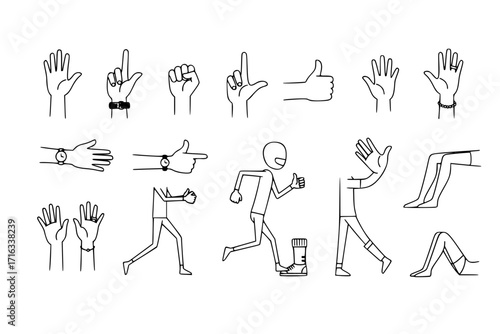 Isolated Legs and Arms Set – Cartoon Comic Retro Style with Stick Feet in Shoes Walking, Standing, Dancing, Running and Hand Gestures, Vector Character Parts Illustration