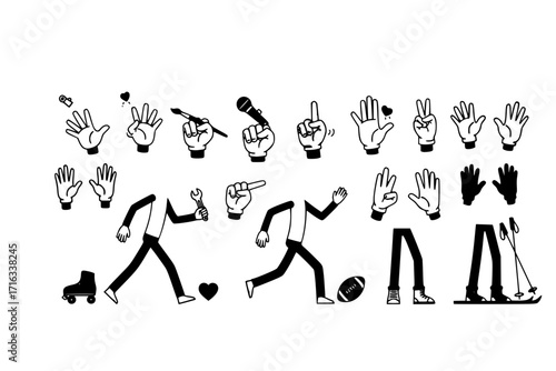 Isolated Legs and Arms Set – Cartoon Comic Retro Style with Stick Feet in Shoes Walking, Standing, Dancing, Running and Hand Gestures, Vector Character Parts Illustration