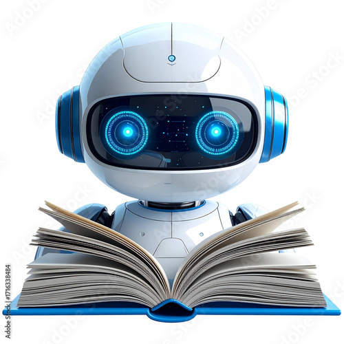 An adorable and futuristic robot character deeply engaged in reading an open book, representing artificial intelligence and machine learning for education