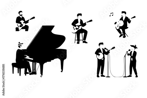 Set of Musician Characters – Cartoon People Playing Grand Piano, Guitar, Banjo, Saxophone and Singing with Microphone, Vector Music Performance Illustration