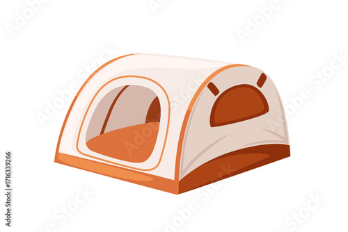 Orange camping tent with two compartments and windows. Dome shaped outdoor shelter for family recreation. Modern design with ventilation openings. Vector illustration isolated on white background