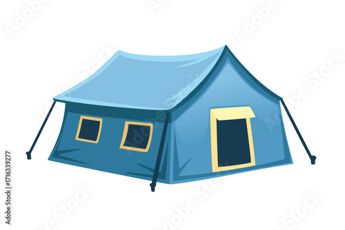 Large blue camping tent with yellow windows and door. Family size spacious outdoor shelter for extended trips. Multi-room design with ventilation. Vector illustration isolated on white background