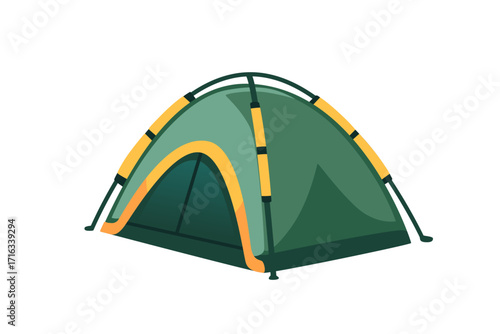 Green dome camping tent with orange accents and yellow poles. Outdoor adventure shelter for hiking trips. Modern design with ventilation system. Vector illustration isolated on white background