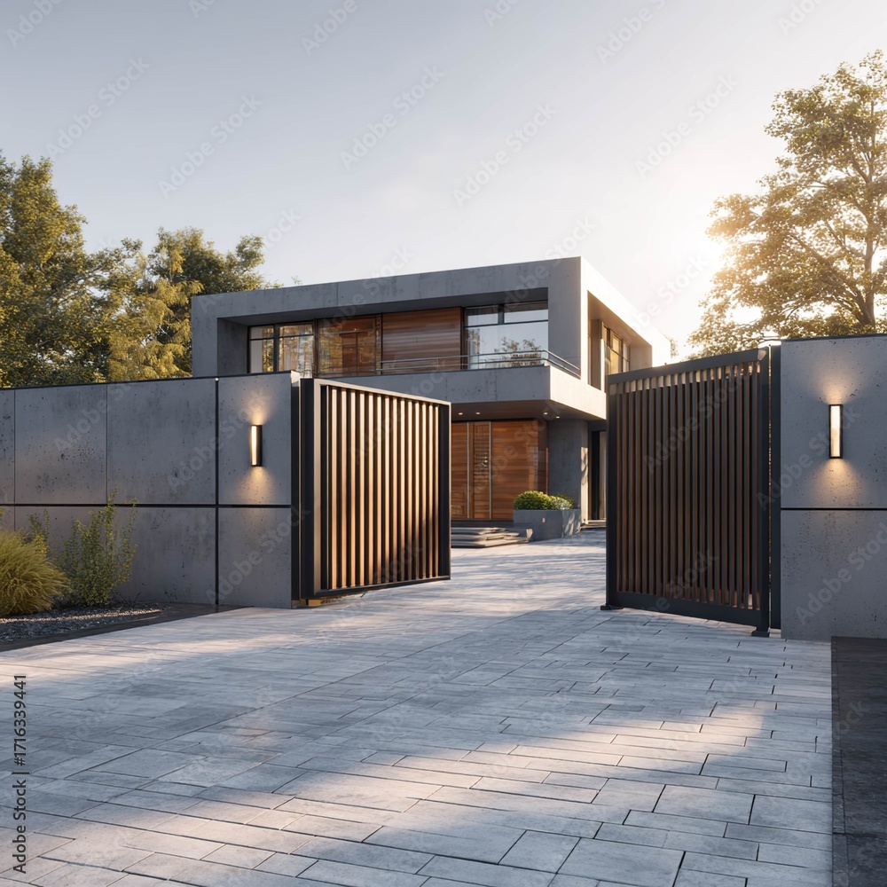 Fototapeta premium Automatic driveway gate at modern house entrance
