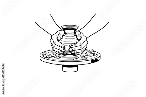 Set of Skilled Hands Working Clay on Potter's Wheel – Cartoon Illustration of Pottery Making Process, Craftsmanship, Ceramic Art and Handmade Clay Shaping