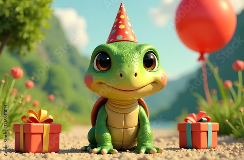 Cute turtle sits with a gift among balloons. Holiday card, illustration for a children's book
