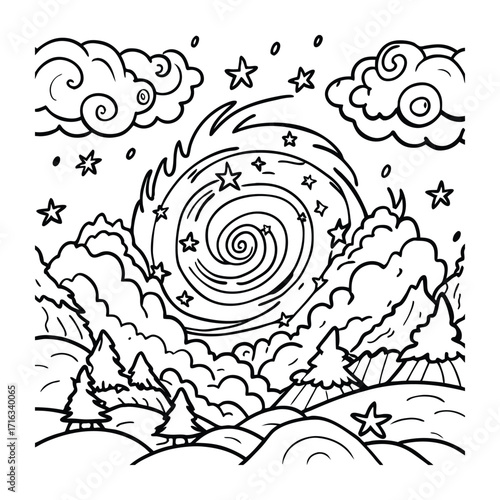 Skyfire, kids line art doodle pattern design t shirt silhouette and vector, intricate line art design, relaxing printable, high-quality illustration for stress relief, art therapy activity.